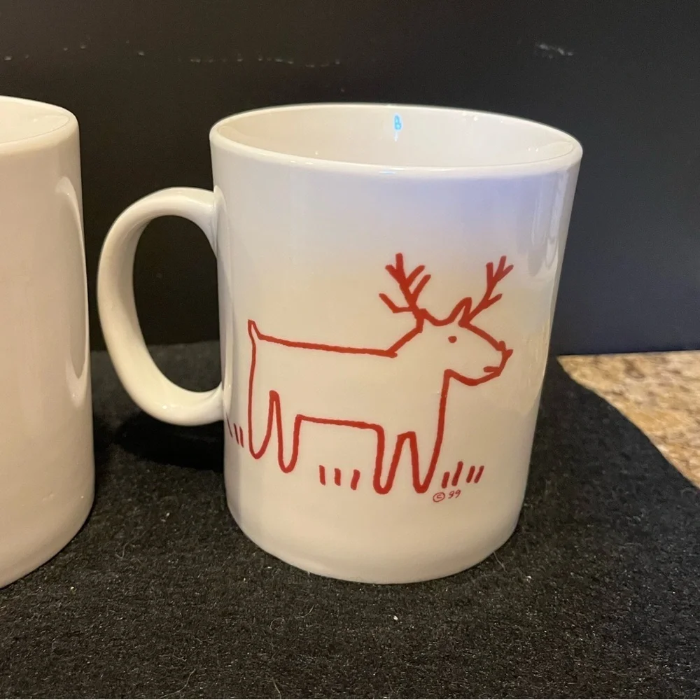 Crate&Barrel Christmas Tree and Reindeer Holiday Mug Set by Trish Richman 16 oz.
